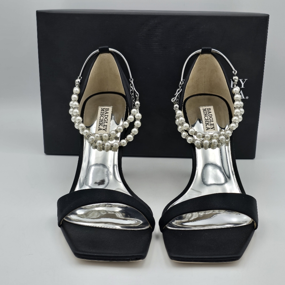 NIB Badgley Mischka Loretta Dual Pearl Strap Stiletto Heel Sandals, Black Satin - Picture 7 of 16